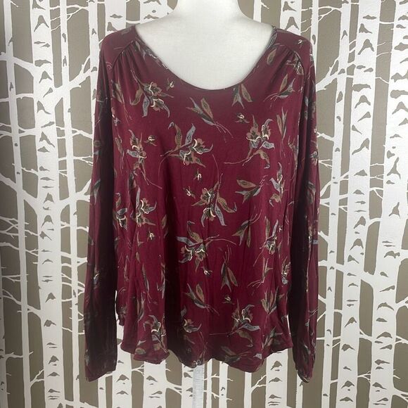 Free People Burgundy Floral Print Open Draped Back Long Sleeve Top S - Picture 2 of 10